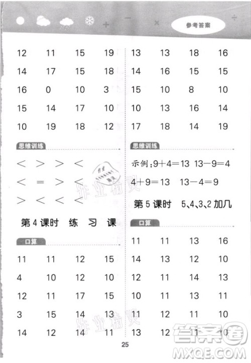 教育科学出版社2021秋季小儿郎小学口算大通关数学一年级上册人教版答案