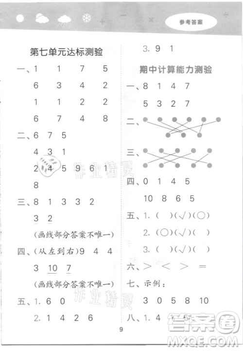 地质出版社2021秋季小儿郎小学口算大通关数学一年级上册苏教版答案