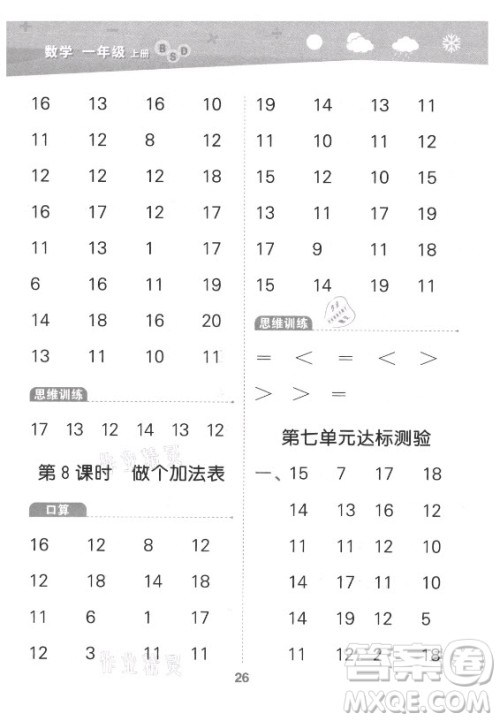 地质出版社2021秋季小儿郎小学口算大通关数学一年级上册北师大版答案 地质出版社2021秋季小儿郎小学口算大通关数学一年级上册北师大版答案