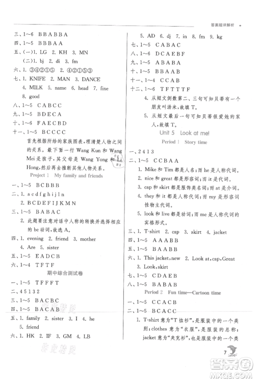 江苏人民出版社2021实验班提优训练三年级上册英语译林版江苏专版参考答案