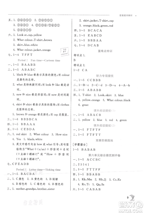 江苏人民出版社2021实验班提优训练三年级上册英语译林版江苏专版参考答案
