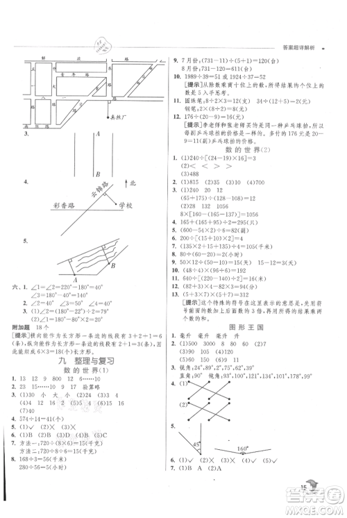 江苏人民出版社2021实验班提优训练四年级上册数学苏教版江苏专版参考答案
