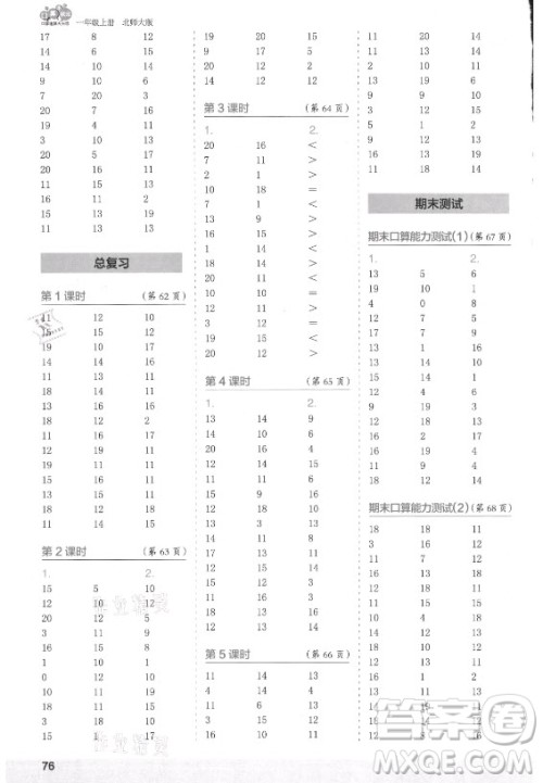 江苏凤凰少年儿童出版社2021口算小状元口算速算天天练小学数学一年级上册北师大版答案