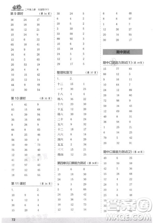 江苏凤凰少年儿童出版社2021口算小状元口算速算天天练小学数学二年级上册人教版答案