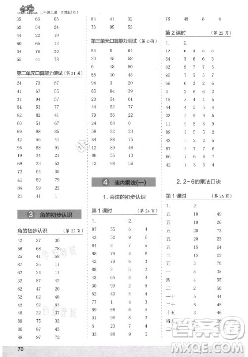 江苏凤凰少年儿童出版社2021口算小状元口算速算天天练小学数学二年级上册人教版答案