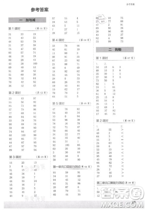 江苏凤凰少年儿童出版社2021口算小状元口算速算天天练小学数学二年级上册北师大版答案