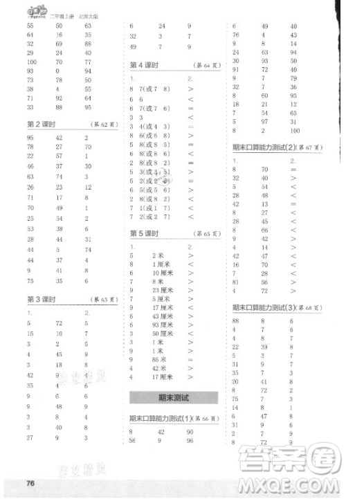 江苏凤凰少年儿童出版社2021口算小状元口算速算天天练小学数学二年级上册北师大版答案