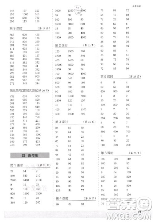 江苏凤凰少年儿童出版社2021口算小状元口算速算天天练小学数学三年级上册北师大版答案