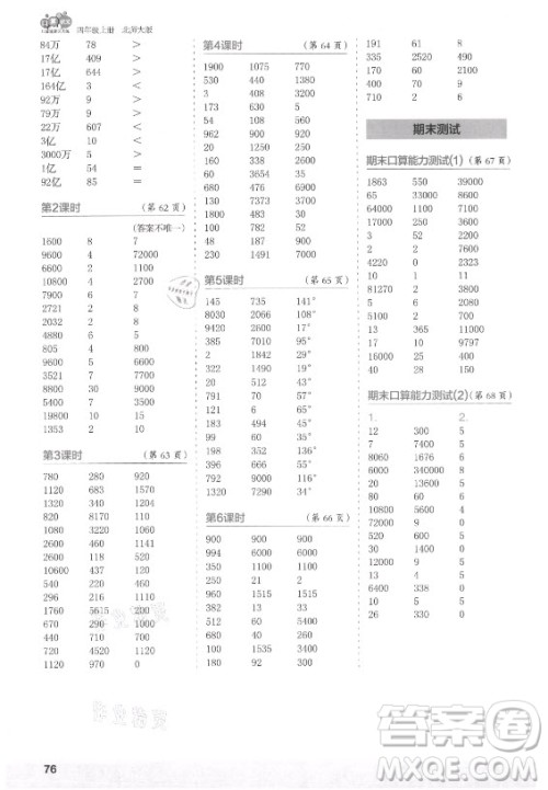 江苏凤凰少年儿童出版社2021口算小状元口算速算天天练小学数学四年级上册北师大版答案