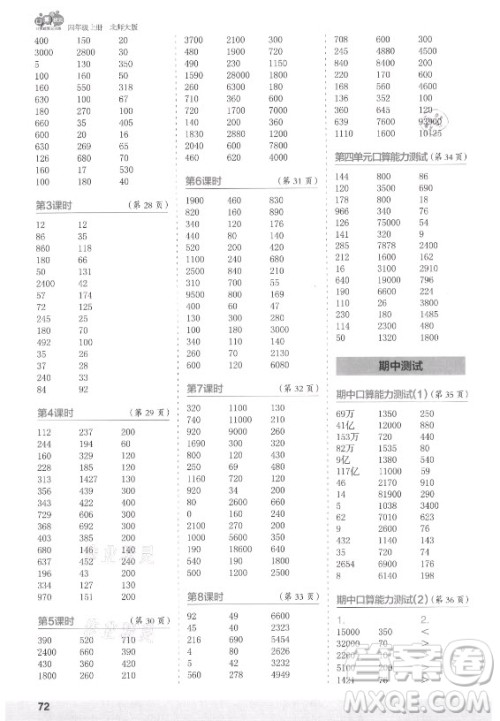 江苏凤凰少年儿童出版社2021口算小状元口算速算天天练小学数学四年级上册北师大版答案