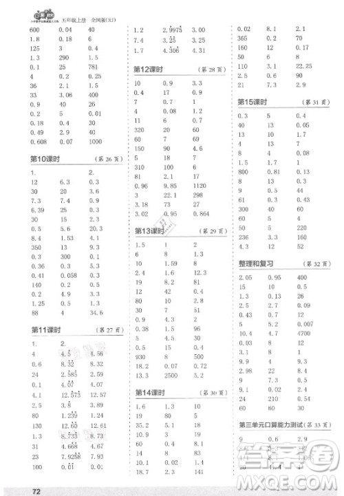 江苏凤凰少年儿童出版社2021口算小状元口算速算天天练小学数学五年级上册人教版答案