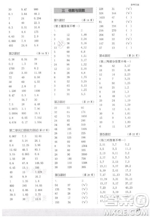江苏凤凰少年儿童出版社2021口算小状元口算速算天天练小学数学五年级上册北师大版答案