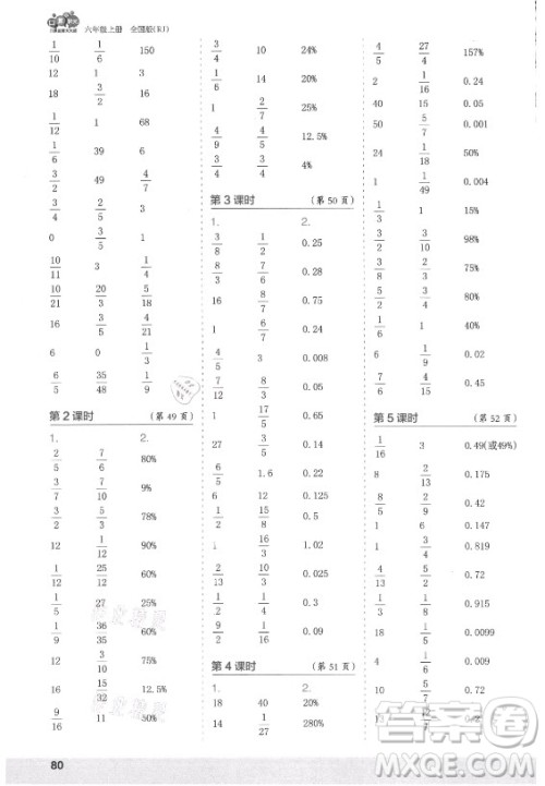 江苏凤凰少年儿童出版社2021口算小状元口算速算天天练小学数学六年级上册人教版答案