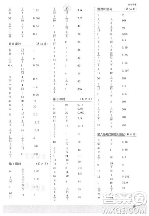 江苏凤凰少年儿童出版社2021口算小状元口算速算天天练小学数学六年级上册人教版答案