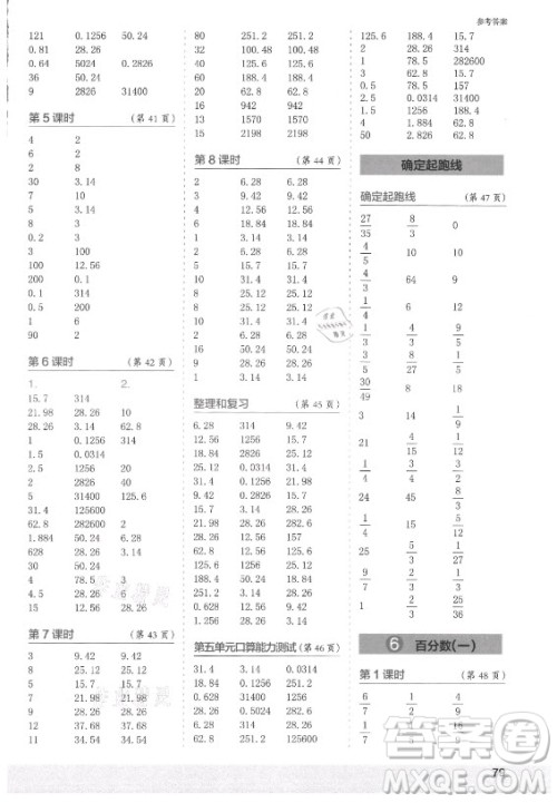 江苏凤凰少年儿童出版社2021口算小状元口算速算天天练小学数学六年级上册人教版答案