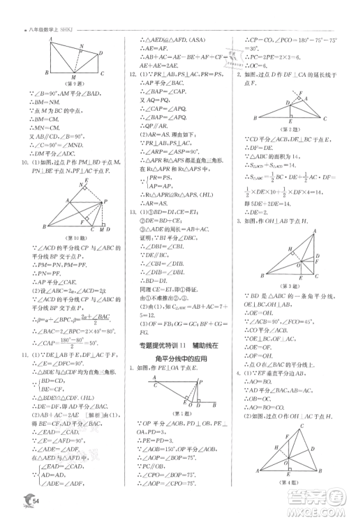 江苏人民出版社2021实验班提优训练八年级上册数学沪科版参考答案 江苏人民出版社2021实验班提优训练八年级上册数学沪科版参考答案