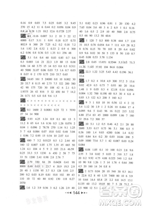 河北少年儿童出版社2021小学数学计算高手五年级上册RJ人教版答案
