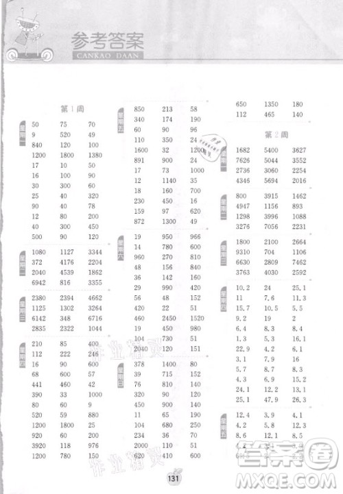 江苏人民出版社2021小学数学计算高手四年级上册人教版答案