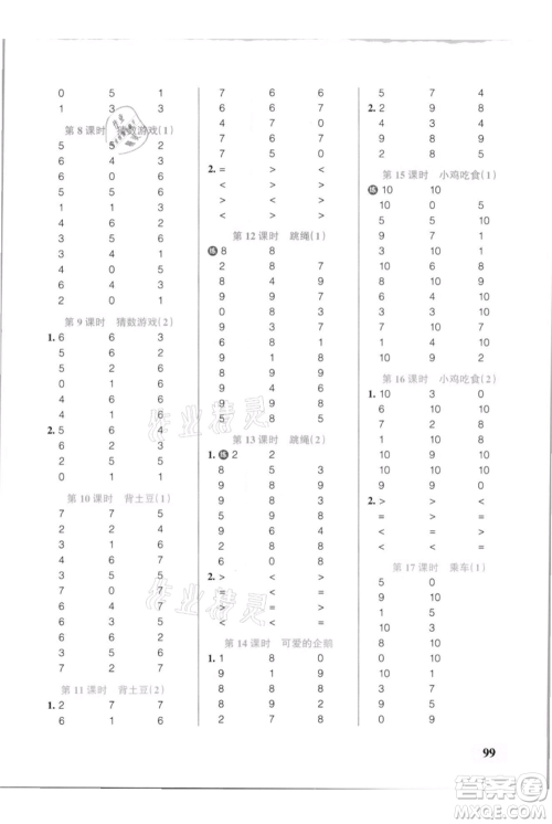 辽宁教育出版社2021小学学霸口算一年级上册数学北师大版参考答案