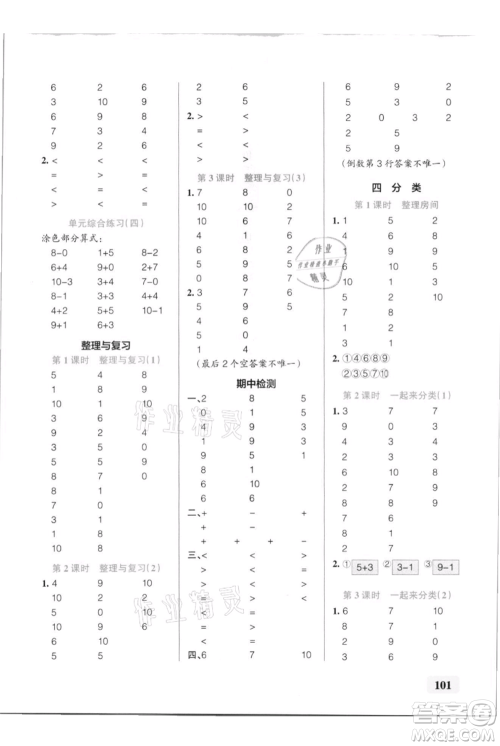 辽宁教育出版社2021小学学霸口算一年级上册数学北师大版参考答案