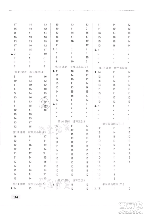 辽宁教育出版社2021小学学霸口算一年级上册数学北师大版参考答案