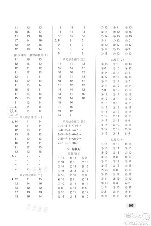 辽宁教育出版社2021小学学霸口算一年级上册数学人教版参考答案
