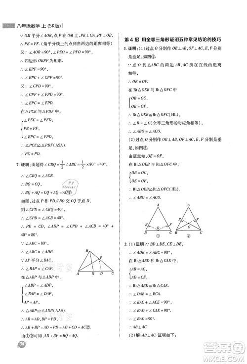 陕西人民教育出版社2021典中点综合应用创新题八年级数学上册SK苏科版答案