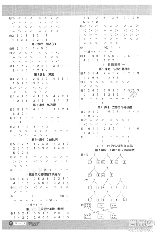 江西教育出版社2021阳光同学计算小达人一年级上册人教版参考答案