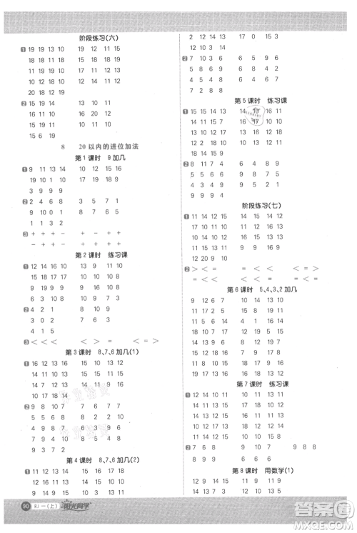 江西教育出版社2021阳光同学计算小达人一年级上册人教版参考答案