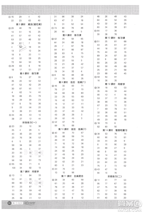 江西教育出版社2021阳光同学计算小达人二年级上册人教版参考答案