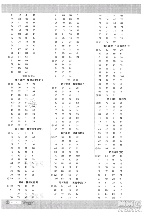 江西教育出版社2021阳光同学计算小达人二年级上册北师大版参考答案