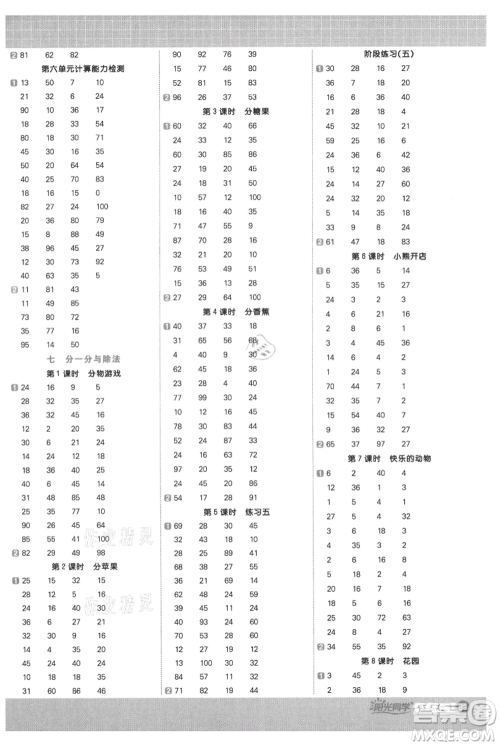 江西教育出版社2021阳光同学计算小达人二年级上册北师大版参考答案