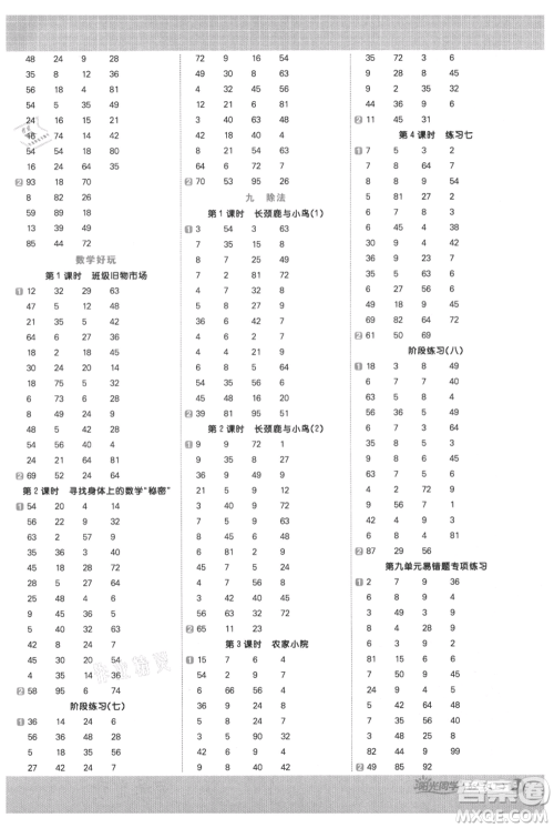 江西教育出版社2021阳光同学计算小达人二年级上册北师大版参考答案