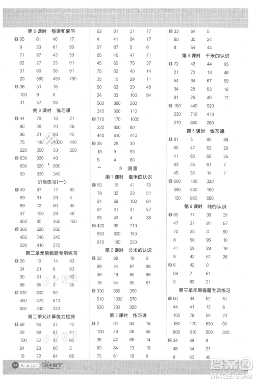 江西教育出版社2021阳光同学计算小达人三年级上册人教版参考答案