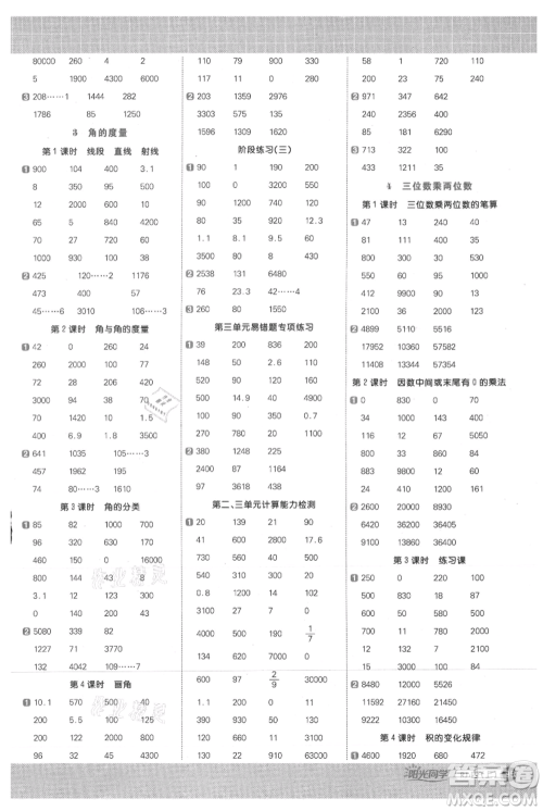 江西教育出版社2021阳光同学计算小达人四年级上册人教版参考答案