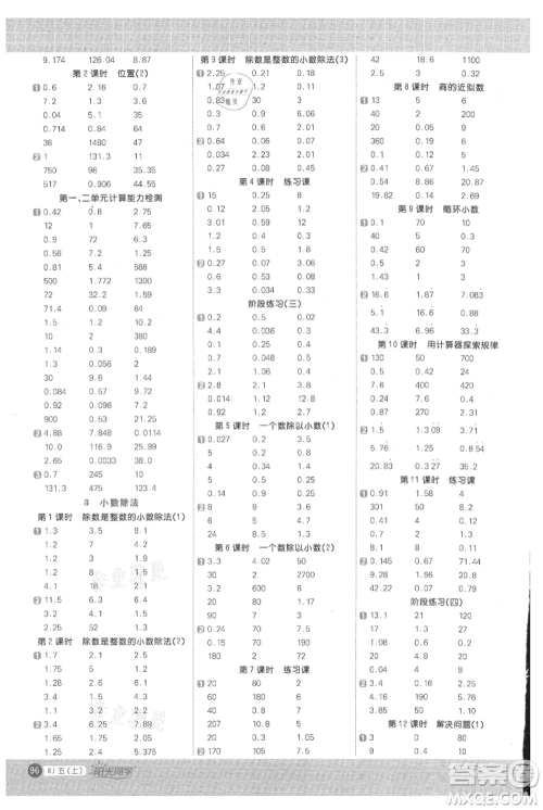 江西教育出版社2021阳光同学计算小达人五年级上册人教版参考答案