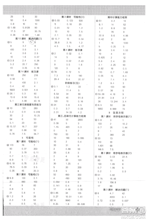 江西教育出版社2021阳光同学计算小达人五年级上册人教版参考答案