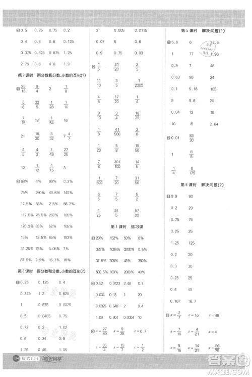 江西教育出版社2021阳光同学计算小达人六年级上册人教版参考答案