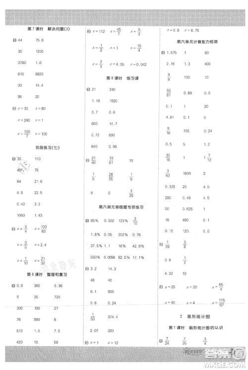 江西教育出版社2021阳光同学计算小达人六年级上册人教版参考答案