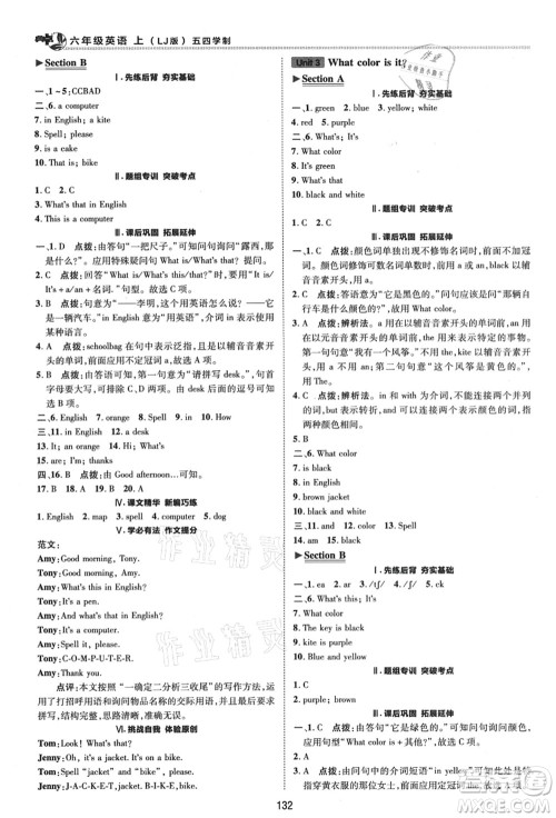 陕西人民教育出版社2021典中点综合应用创新题六年级英语上册五四学制LJ鲁教版答案