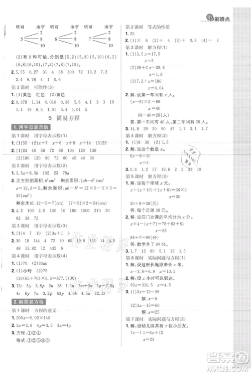首都师范大学出版社2021小学必刷题五年级上册数学人教版参考答案 首都师范大学出版社2021小学必刷题五年级上册数学人教版参考答案