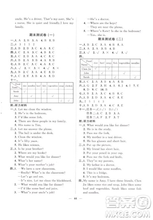 广西师范大学出版社2021课堂小作业英语四年级上册人教版答案