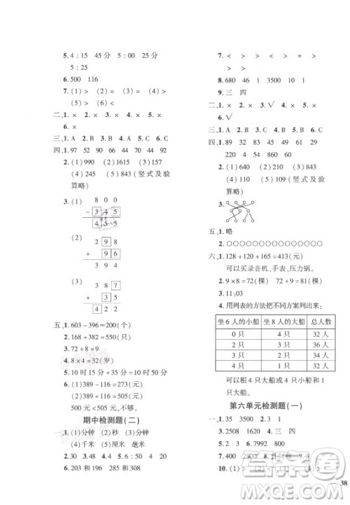 济南出版社2021黄冈360定制密卷数学三年级上册RJ人教版答案