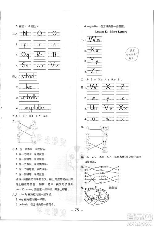 吉林教育出版社2021典中点综合应用创新题三年级英语上册JJ冀教版答案