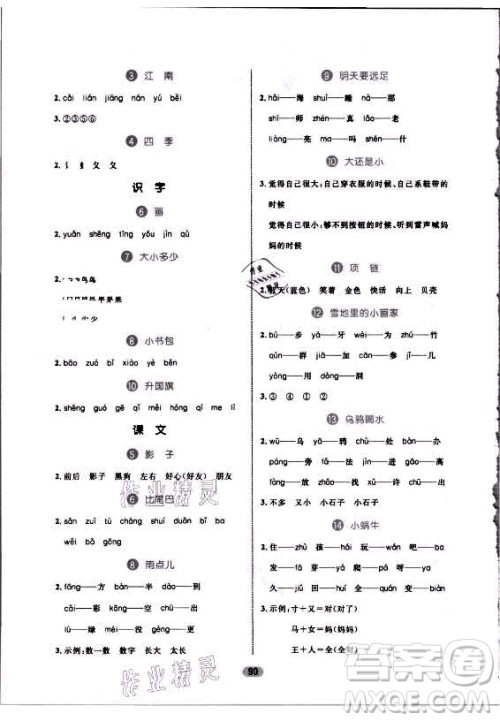 沈阳出版社2021黄冈名师天天练语文一年级上册RJ人教版答案