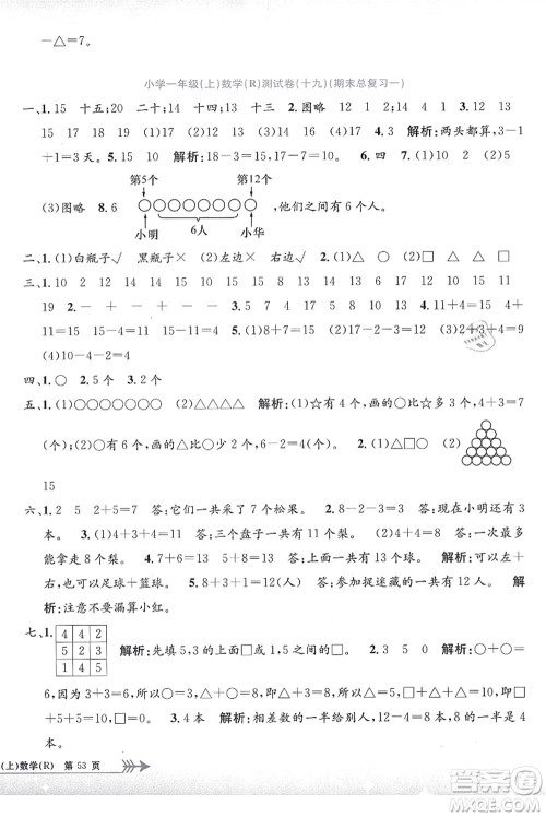浙江工商大学出版社2021孟建平系列丛书小学单元测试一年级数学上册R人教版答案