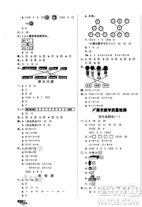 西安出版社2021秋季53全优卷小学数学一年级上册SJ苏教版答案