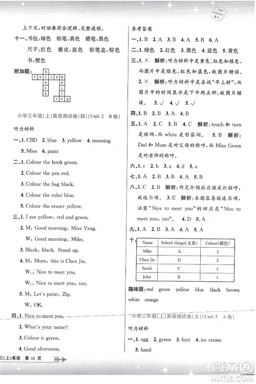 浙江工商大学出版社2021孟建平系列丛书小学单元测试三年级英语上册R人教版答案 浙江工商大学出版社2021孟建平系列丛书小学单元测试三年级英语上册R人教版答案