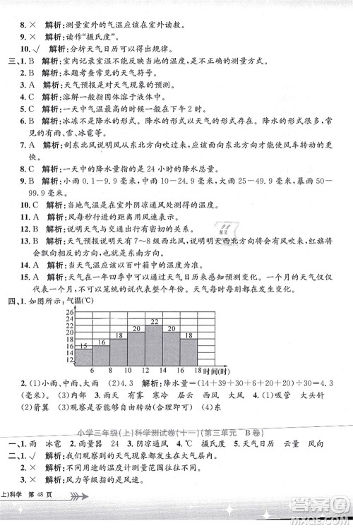 浙江工商大学出版社2021孟建平系列丛书小学单元测试三年级科学上册J教科版答案