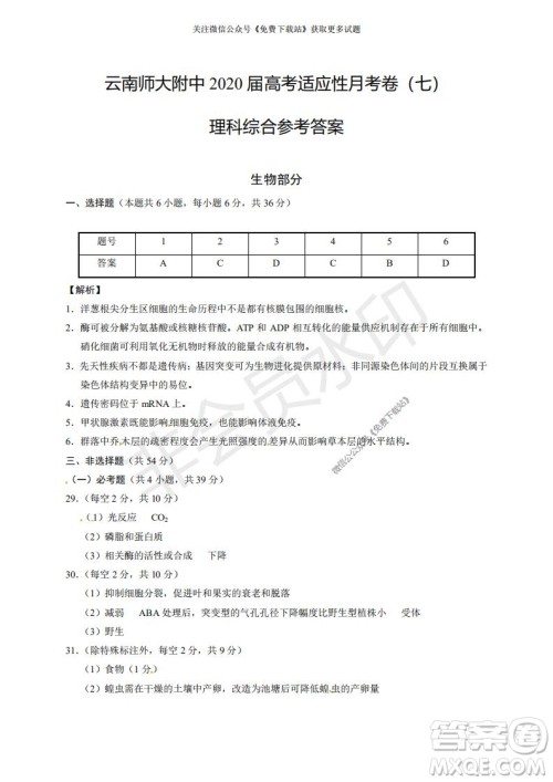 云南师大附中2022届高考适应性月考卷二理科综合试卷及答案 云南师大附中2022届高考适应性月考卷二理科综合试卷及答案